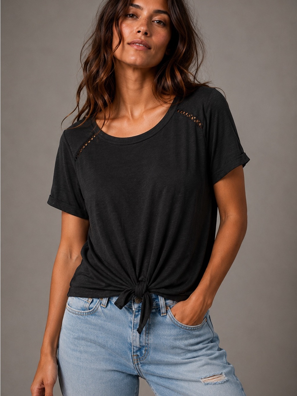 NWT Old Navy Womens M Black Tie Front Top 100% Cotton Lace Trim Y2K